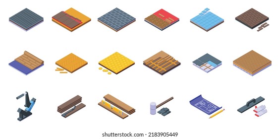 Floor Installation Icons Set Isometric Vector. Wall Wood. Material Baseboard