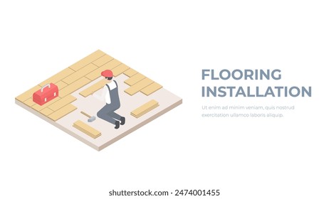 Floor installation isometry. Instal flooring concept, repair worker.