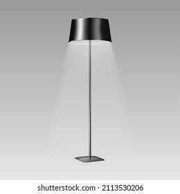 Floor lamp with black lampshade. Modern interior light. Realistic vector illustration