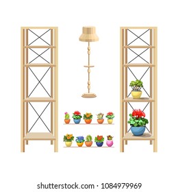 A floor lamp and a bookcase with flowers. Modern wooden furniture for the interior. Flowering plant in a pot. Isolated icons. Vector illustration

