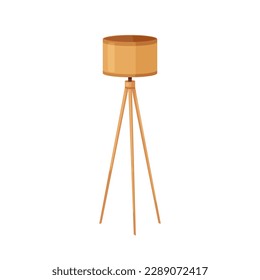 Floor lamp with drum shade and wooden legs. Electric light, home decoration with high wood tripod, lampshade. Home luminaire, modern cozy decor. Flat vector illustration isolated on white background