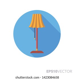 floor lamp flat design round icon. Color symbol of interior and lighting. Long shadow vector illustration in a circle isolated on white background.