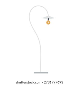 Floor lamp with gray base and white shade. Light bulb yellow with black outline. Flat vector illustration for home interiors