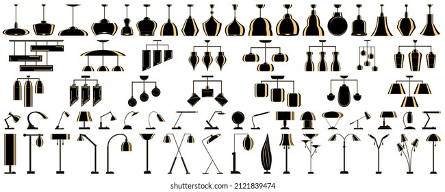 Floor lamp, hanging lamp, table lamp. Lighting inside the house. Lampshade design. Modern fashionable interior. Set of vector icons, flat, isolated