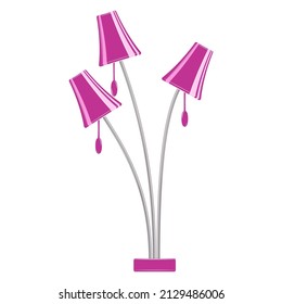 Floor lamp for home, office. Three identical lampshades on their own stand, purple. Lampshade design for floor lamp, fashionable interior. Vector icon, multicolored, cartoon, complex flat, isolated