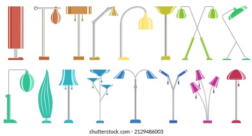 Floor lamp for home, office. Torchere with a high stand. Lampshade design. Fashionable interior. A set of vector icons, multicolored, cartoon, complex flat, isolated