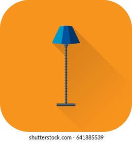 Floor lamp icon. Vector. Flat design with long shadow. Lamp symbol isolated on orange background. Furniture for living room.