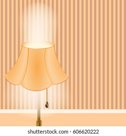 Floor lamp . The light is on . Interior of the room. Wallpaper with space for text. Vector illustration.