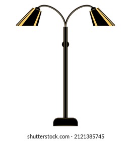 Floor lamp, lighting equipment at home. Two lampshades on one vertical stand. Floor lamp for the room. Lampshade design, stylish interior. Vector icon, flat, black, yellow, isolated