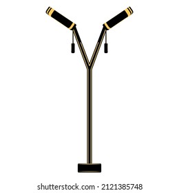 Floor lamp, lighting equipment at home. Double lampshade with hanging switch. Floor lamp for the room. Lampshade design, stylish interior. Vector icon, flat, black, yellow, isolated