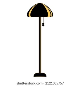 Floor lamp, lighting equipment at home. Semicircular lampshade, hanging switch. Floor lamp for the room. Lampshade design, stylish interior. Vector icon, flat, black, yellow, isolated