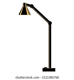 Floor lamp, lighting equipment at home. Triangular lampshade shape, stand with hinges. Floor lamp for the room. Lampshade design, stylish interior. Vector icon, flat, black, yellow, isolated