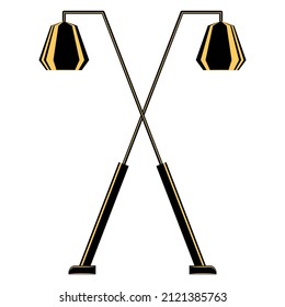 Floor lamp, lighting equipment at home. Two lampshades, a crossed stand. Floor lamp for the room. Lampshade design, stylish interior. Vector icon, flat, black, yellow, isolated