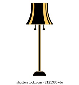 Floor lamp, lighting equipment at home. Classic lampshade, hanging switch. Floor lamp for the room. Lampshade design, stylish interior. Vector icon, flat, black, yellow, isolated