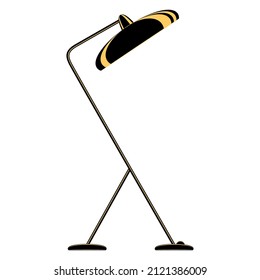 Floor lamp, lighting equipment at home. Diagonal thin rack. Floor lamp for the room. Lampshade design, stylish interior. Vector icon, flat, black, yellow, isolated