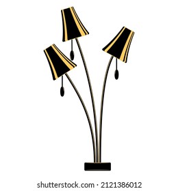 Floor lamp, lighting equipment at home. Triple lampshade, flexible thin stand. Floor lamp for the room. Lampshade design, stylish interior. Vector icon, flat, black, yellow, isolated