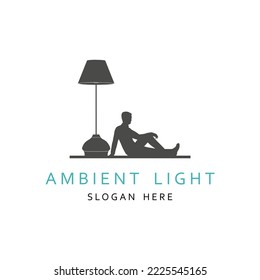 Floor lamp logo. Template of electric torchere for interior design, energy furniture business branding. Home equipment in modern style. Businessman sitting and relaxing near torchere