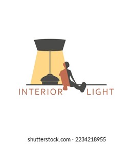 Floor lamp logo. Template of electric torchere for interior design, energy furniture business branding. Home equipment in modern style. Young woman sitting and relaxing near torchere