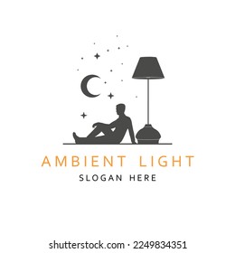 Floor lamp logo. Template of electric torchere for interior design, energy furniture business branding. Home equipment in modern style. Businessman relaxing near torchere. Crescent moon and stars