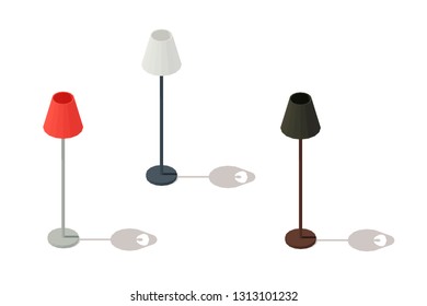 Floor lamp on a high stem with a round lampshade. Vector illustration of a floor lamp, isometric. Low poly style.