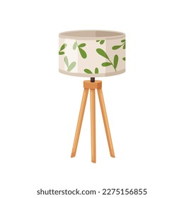 Floor lamp on wood legs. Electric light standing on wooden tripod, drum shade. Modern contemporary cozy lampshade. Stylish trendy luminaire. Flat vector illustration isolated on white background