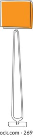 A floor lamp with an orange shade is shown.
