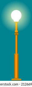 Floor Lamp Post Flat Vector Illustration. Electrical Appliances To Create Light. Element Of Artificial Street Lighting At Night. Outdoor Lamp Post With Bright Light. Lighting Fixture For Street