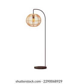 Bodenlampe mit Korbweidenschatten aus Rattan, großes Metallbein im modernen Boho-Stil. Elektrische Glühbirnen, gewebter Lampenschirm, Innenbeleuchtung. Flache grafische Vektorgrafik einzeln auf weißem Hintergrund