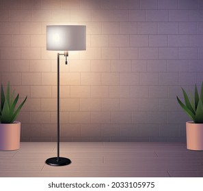 Bodenlampe realistischer Hintergrund, illustriert klassische Torchiere mit zylindrischem Lampenschirm, 3D-Vektorgrafik