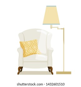 Floor lamp shines on the English chair with a patterned pillow. Front view. An isolated element for design