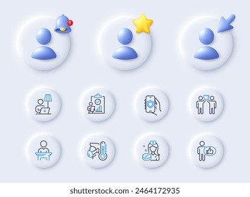 Floor lamp, Sick man and Security app line icons. Placeholder with 3d cursor, bell, star. Pack of Like, Inspect, Election candidate icon. Friends couple, Nurse pictogram. For web app, printing. Vector