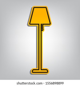 Floor lamp sign illustration. Flat orange icon with overlapping linear black icon with gray shadow at whitish background. Illustration.