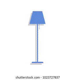 Floor lamp sign illustration. Vector. Neon blue icon with  cyclamen polka dots pattern with light gray shadow on white background. Isolated.