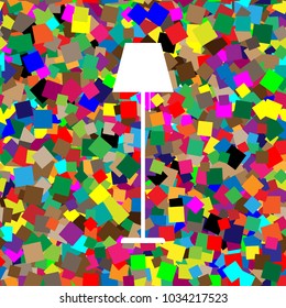 Floor lamp sign illustration. Vector. White icon on colorful background with seamless pattern from squares.