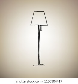 Floor lamp sign illustration. Vector. Brush drawed black icon at light brown background.
