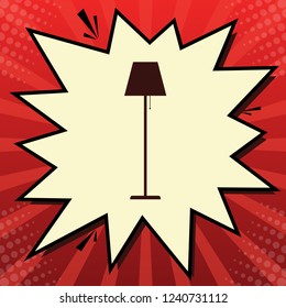 Floor lamp sign illustration. Vector. Dark red icon in lemon chiffon shutter bubble at red popart background with rays.