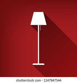 Floor lamp sign illustration. Vector. White icon with limitless shadow at ruby red background.