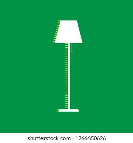 Floor lamp sign illustration. Vector. White flat icon with yellow striped shadow at green background.