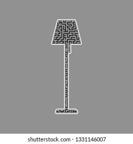 Floor lamp sign illustration. Vector. Black maze filled icon with white border at gray background.