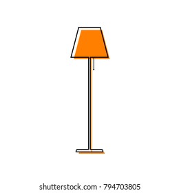 Floor lamp sign illustration. Vector. Black line icon with shifted flat orange filled icon on white background. Isolated.