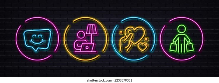 Floor lamp, Smile chat and Hold heart minimal line icons. Neon laser 3d lights. Buyer icons. For web, application, printing. Electric light, Happy face, Care love. Shopping customer. Vector