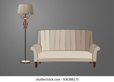 The floor lamp. The sofa. Eps10. Vector drawing.