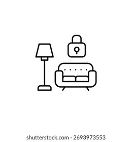 Floor lamp, sofa and lock. Connected living, safe smart home system. Pixel perfect, editable stroke vector icon