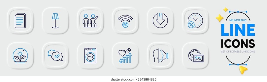 Floor lamp, Web photo and Copy files line icons for web app. Pack of Heart beat, Teamwork, Approved pictogram icons. Incubator, Face id, Download arrow signs. Washing machine, 5g wifi. Vector