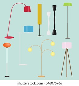 Floor lamps collection.Set of standing lamps.Flat style vector illustration.