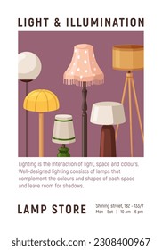 Floor lamps, home light and illumination, advertising flyer card for store, shop. Electric lampshades sale, advertisement, vertical banner background design, template. Flat vector illustration