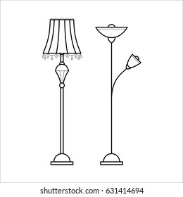 Floor lamps for house. Retro and modern chandeliers. Flat vector icon in simple outline style. Interior element for house decoration. Black thin linear illustration isolated on white background.