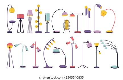 Floor lamps. Modern standing light equipment with different shades, home and office interior illumination, contemporary decorative objects. Vector isolated set.