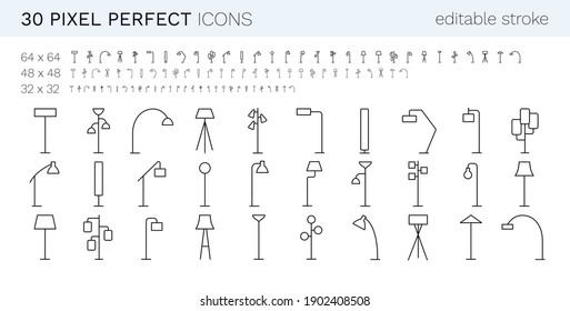 Floor lamps pixel perfect line icon set. 64x64, 48x48, 32x32 sizes are included. There are old-fashion and modern lampshades for different rooms. All icons have editable stroke.