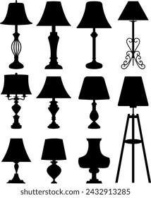 Floor lamps Silhouettes set. Vector illustrations of table lamps isolated on white background. Stencils of lamps. Lamps for living room, bedroom.